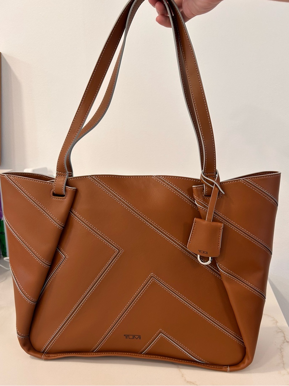 Tumi Brown Leather Tote with Contrast Stitching. Sample Bag